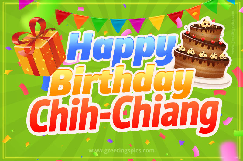 Happy Birthday Chih-Chiang picture with flags, chocolate cake and gift box