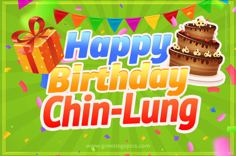 Happy Birthday Chin-Lung picture with flags, chocolate cake and gift box