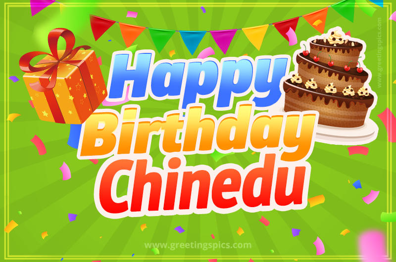 Happy Birthday Chinedu picture with flags, chocolate cake and gift box