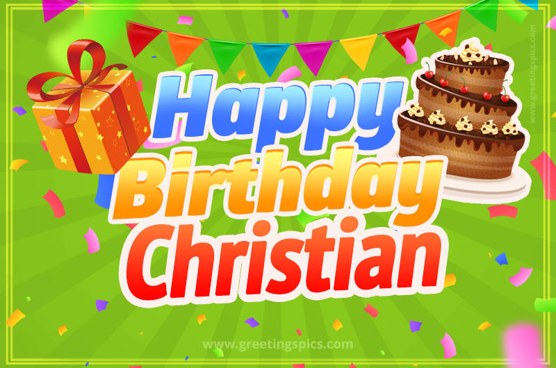 Happy Birthday Christian picture with flags, chocolate cake and gift box