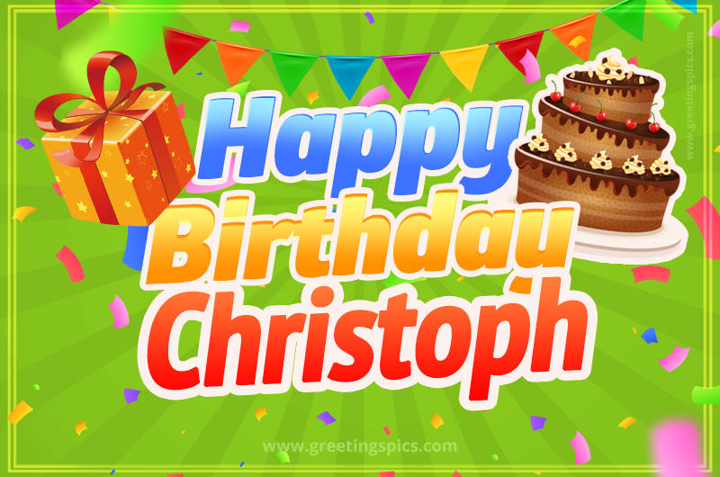 Happy Birthday Christoph picture with flags, chocolate cake and gift box