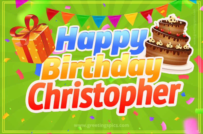 Happy Birthday Christopher picture with flags, chocolate cake and gift box