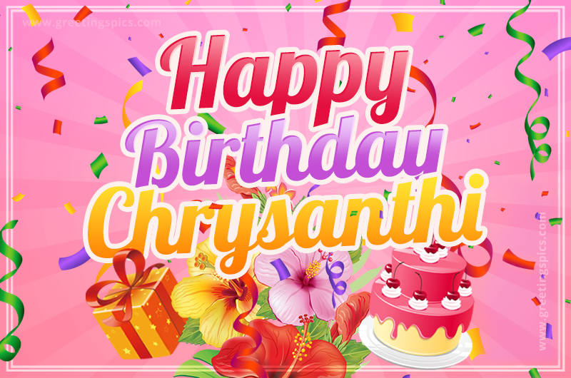 Beautiful Birthday Card for Chrysanthi with Cake and bouquet of flowers