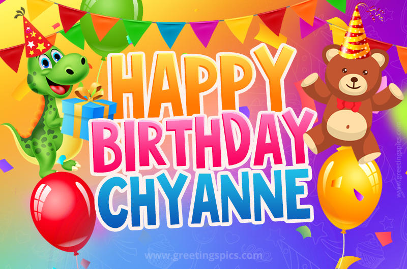 Happy Birthday Chyanne Image for a child with cute dinosaur and bear