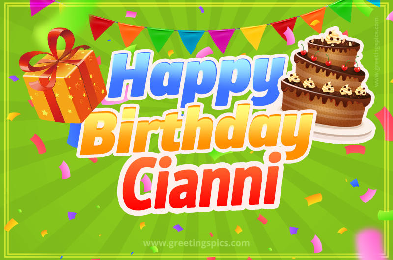 Happy Birthday Cianni picture with flags, chocolate cake and gift box