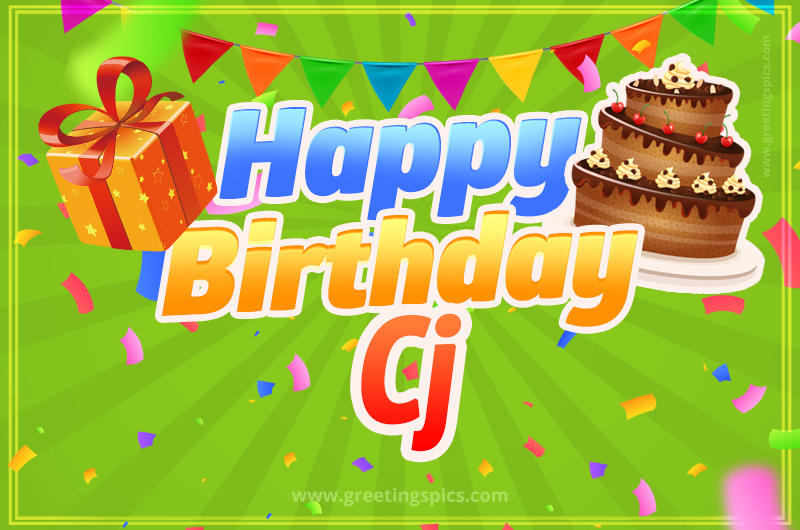 Happy Birthday Cj picture with flags, chocolate cake and gift box