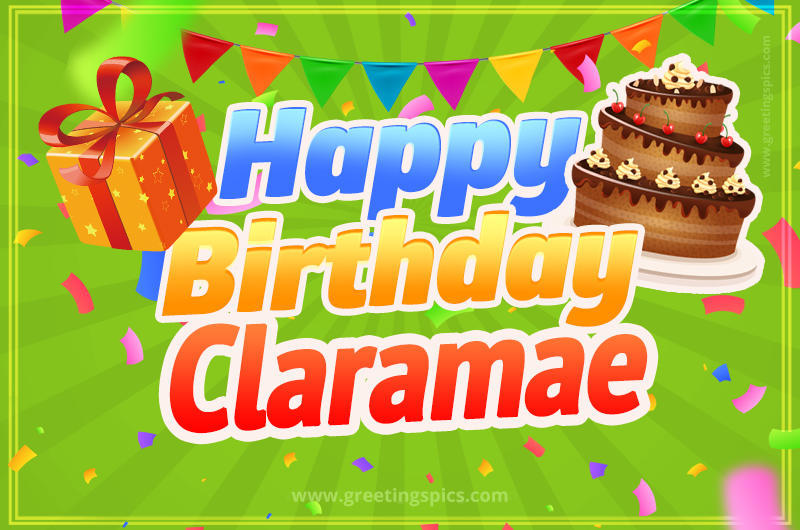 Happy Birthday Claramae picture with flags, chocolate cake and gift box