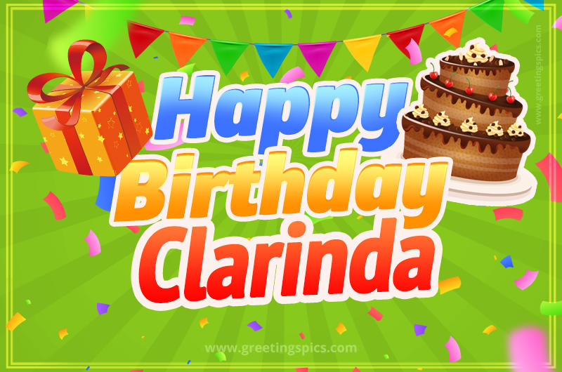 Happy Birthday Clarinda picture with flags, chocolate cake and gift box