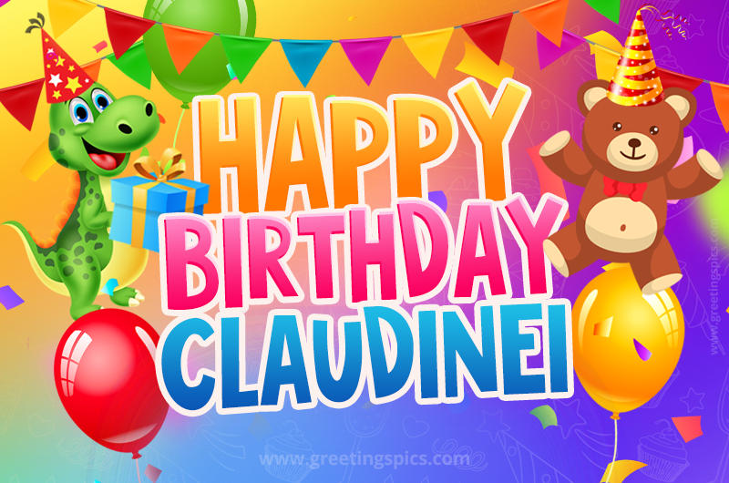 Happy Birthday Claudinei Image for a child with cute baby dinosaur and bear