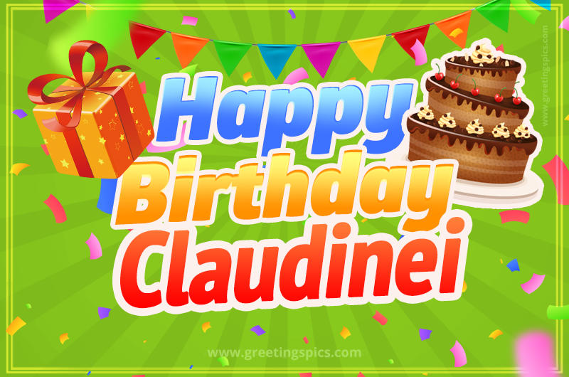 Happy Birthday Claudinei picture with flags, chocolate cake and gift box