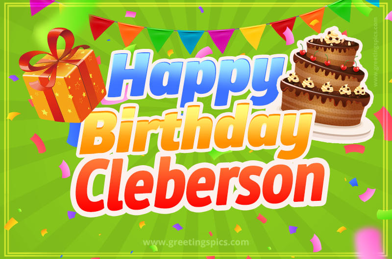 Happy Birthday Cleberson picture with flags, chocolate cake and gift box