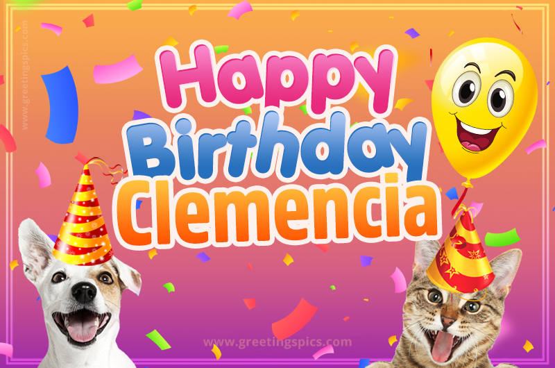 Happy Birthday Clemencia Funny Image with cat and dog