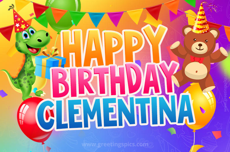 Happy Birthday Clementina Image for a child with cute dinosaur and bear