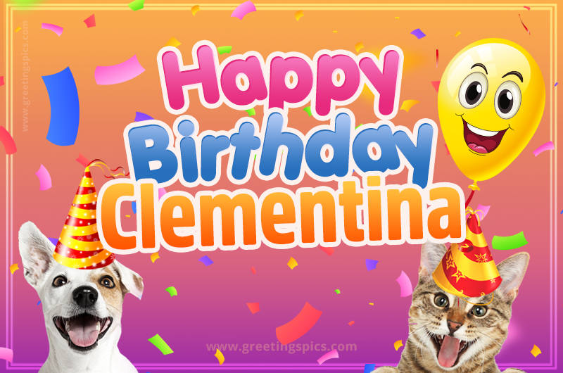 Happy Birthday Clementina Funny Image with cat and dog