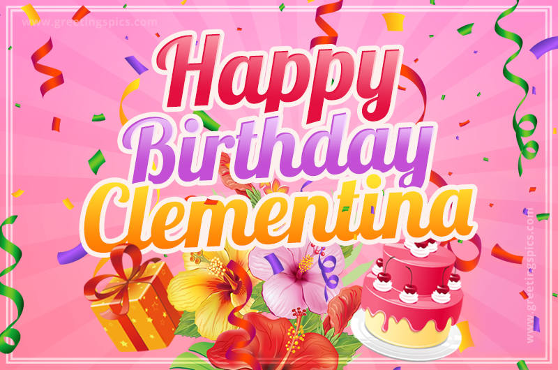 Beautiful Birthday Card for Clementina with Cake and bouquet of flowers