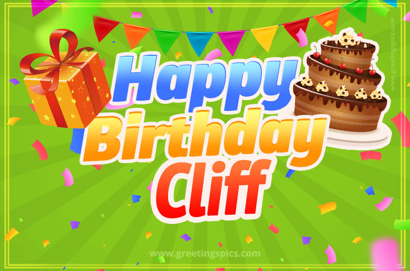 Happy Birthday Cliff picture with flags, chocolate cake and gift box