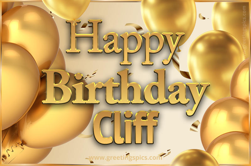 Happy Birthday Cliff Card with golden confetti and balloons