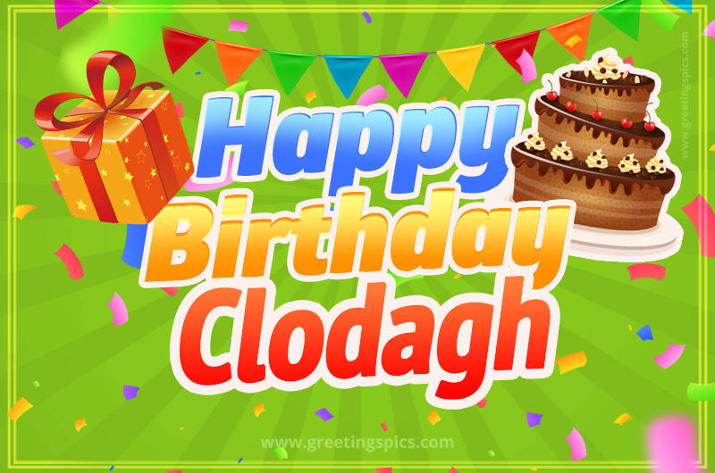 Happy Birthday Clodagh picture with flags, chocolate cake and gift box