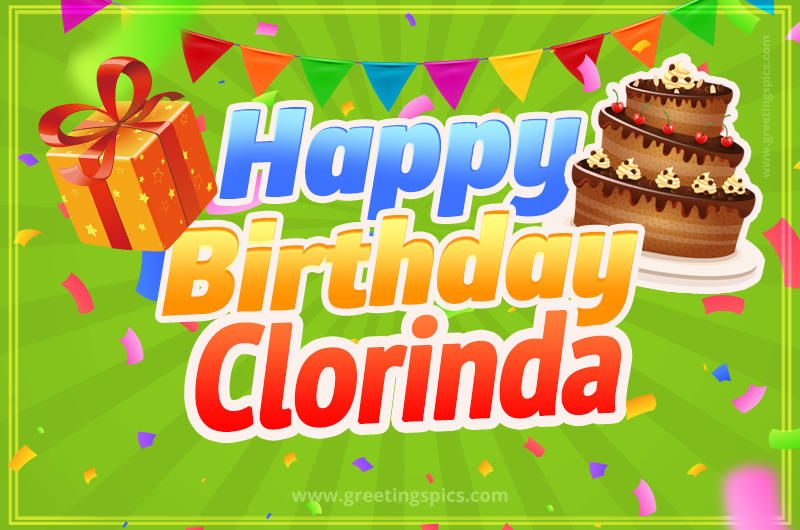 Happy Birthday Clorinda picture with flags, chocolate cake and gift box