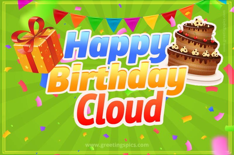 Happy Birthday Cloud picture with flags, chocolate cake and gift box