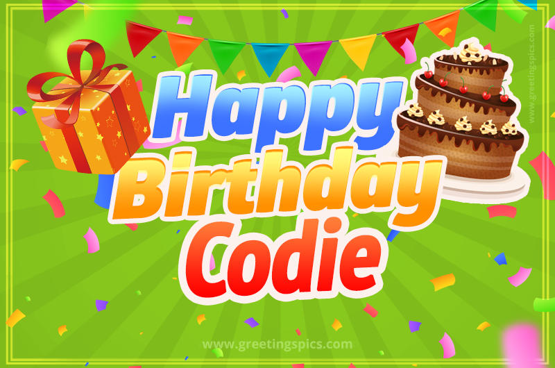 Happy Birthday Codie picture with flags, chocolate cake and gift box