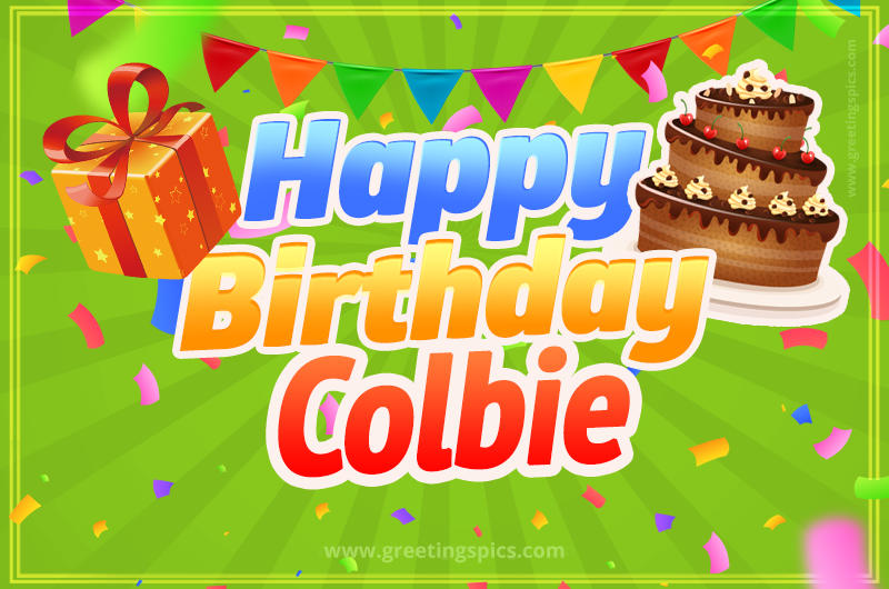 Happy Birthday Colbie picture with flags, chocolate cake and gift box