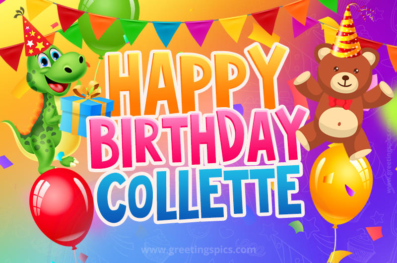 Happy Birthday Collette Image for a child with cute dinosaur and bear