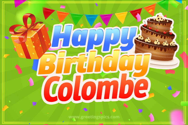 Happy Birthday Colombe picture with flags, chocolate cake and gift box