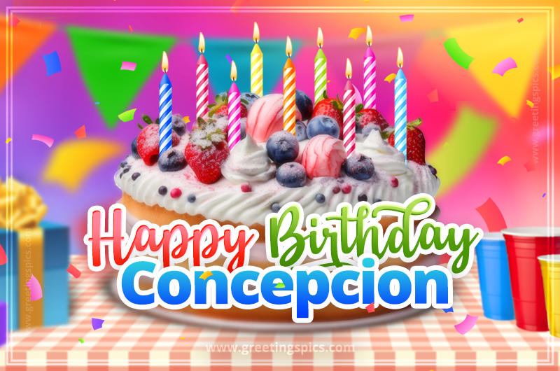 Happy Birthday Concepcion Colorful Image with fruit cake and candles