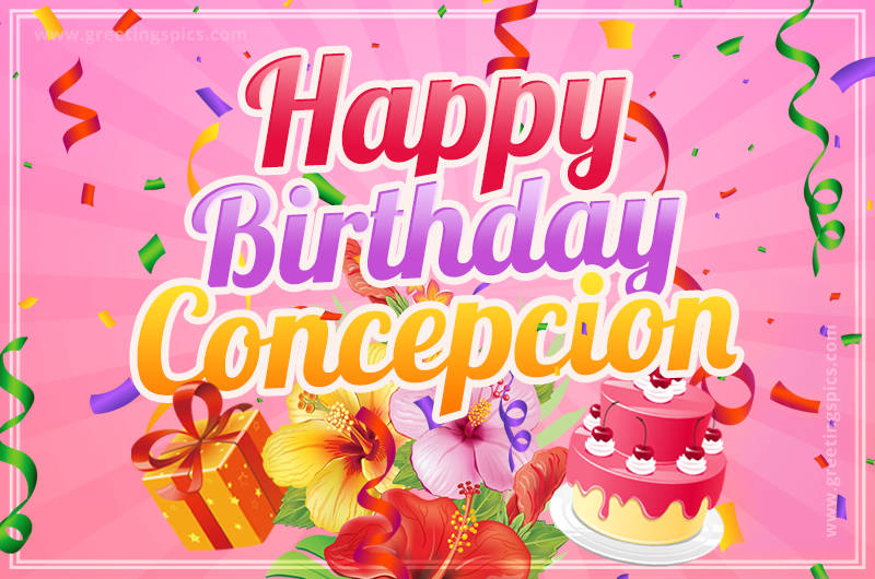 Beautiful Birthday Card for Concepcion with Cake and bouquet of flowers