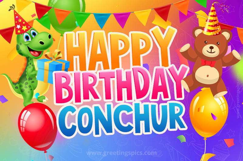 Happy Birthday Conchur Image for a child with cute baby dinosaur and bear