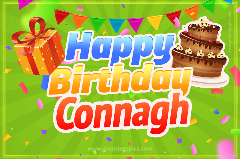 Happy Birthday Connagh picture with flags, chocolate cake and gift box