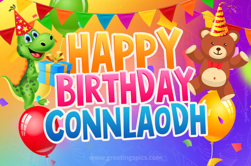 Happy Birthday Connlaodh Image for a child with cute baby dinosaur and bear