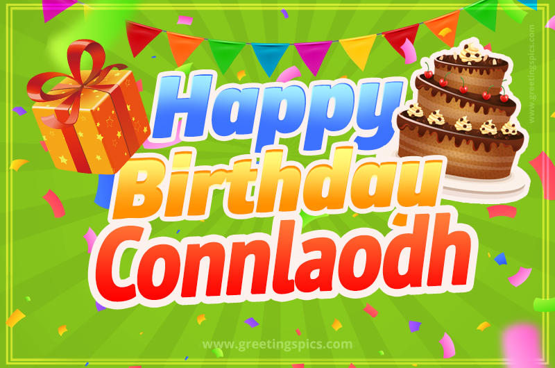 Happy Birthday Connlaodh picture with flags, chocolate cake and gift box