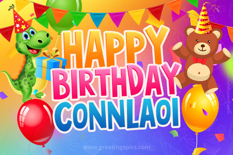 Happy Birthday Connlaoi Image for a child with cute baby dinosaur and bear