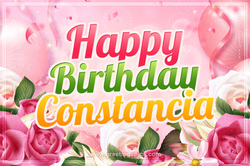 Image with gentle pink background and flowers Happy Birthday Constancia