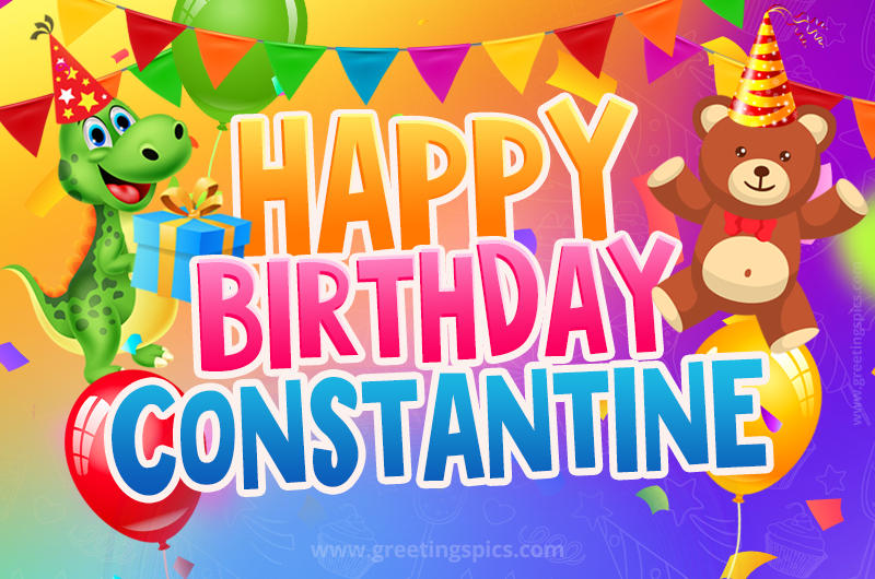 Happy Birthday Constantine Image for a child with cute baby dinosaur and bear