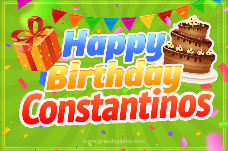 Happy Birthday Constantinos picture with flags, chocolate cake and gift box