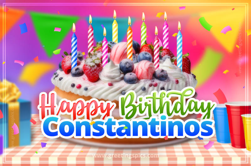 Happy Birthday Constantinos Colorful Image with fruit cake and candles