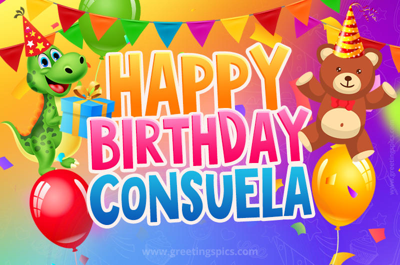 Happy Birthday Consuela Image for a child with cute dinosaur and bear