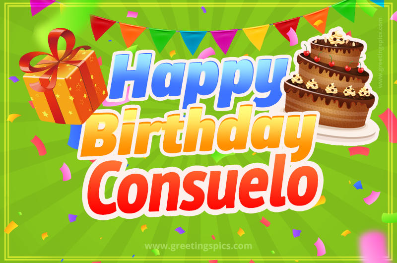 Happy Birthday Consuelo picture with flags, chocolate cake and gift box