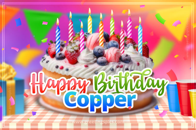 Happy Birthday Copper Colorful Image with fruit cake and candles