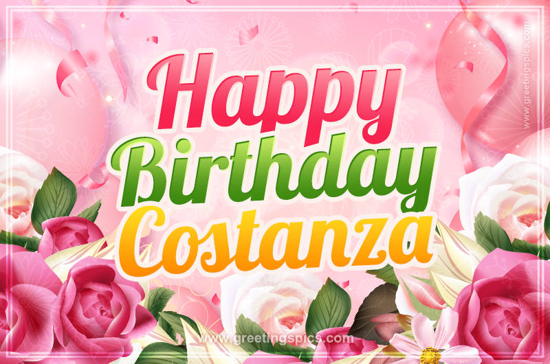 Image with gentle pink background and flowers Happy Birthday Costanza