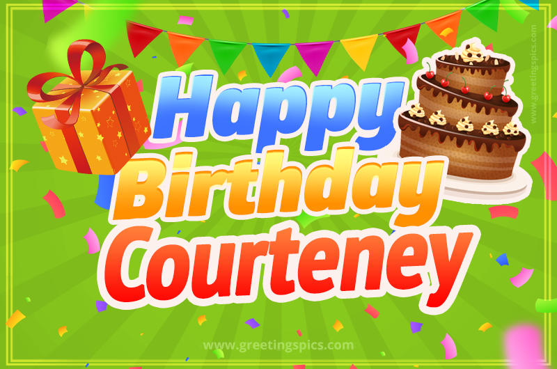 Happy Birthday Courteney picture with flags, chocolate cake and gift box