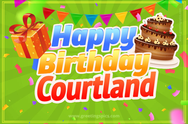 Happy Birthday Courtland picture with flags, chocolate cake and gift box