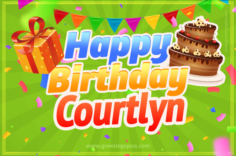 Happy Birthday Courtlyn picture with flags, chocolate cake and gift box