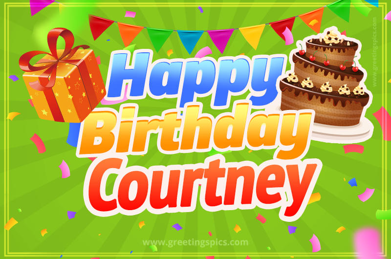 Happy Birthday Courtney picture with flags, chocolate cake and gift box