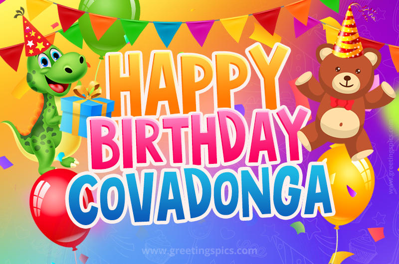 Happy Birthday Covadonga Image for a child with cute dinosaur and bear