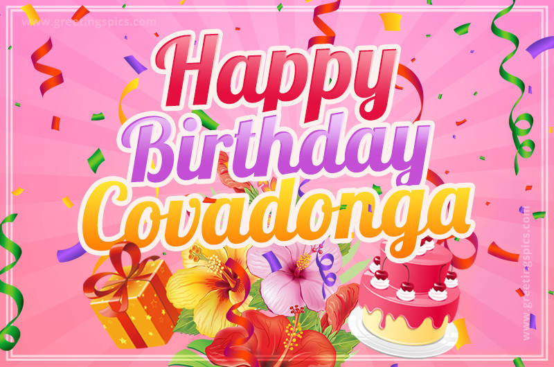 Beautiful Birthday Card for Covadonga with Cake and bouquet of flowers