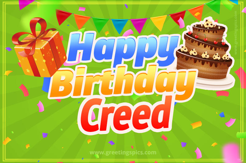 Happy Birthday Creed picture with flags, chocolate cake and gift box